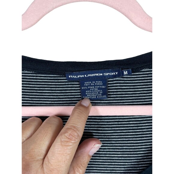 Ralph Lauren Sport Women's Striped Long Sleeve Shirt V-Neck Size Medium Navy - Picture 4 of 10